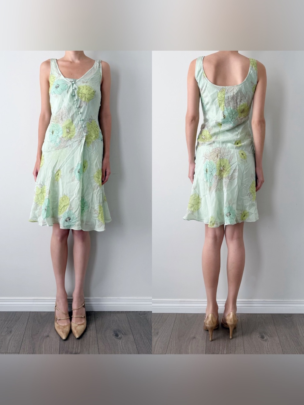 Vintage Nine West bias cut green floral 100% silk midi dress